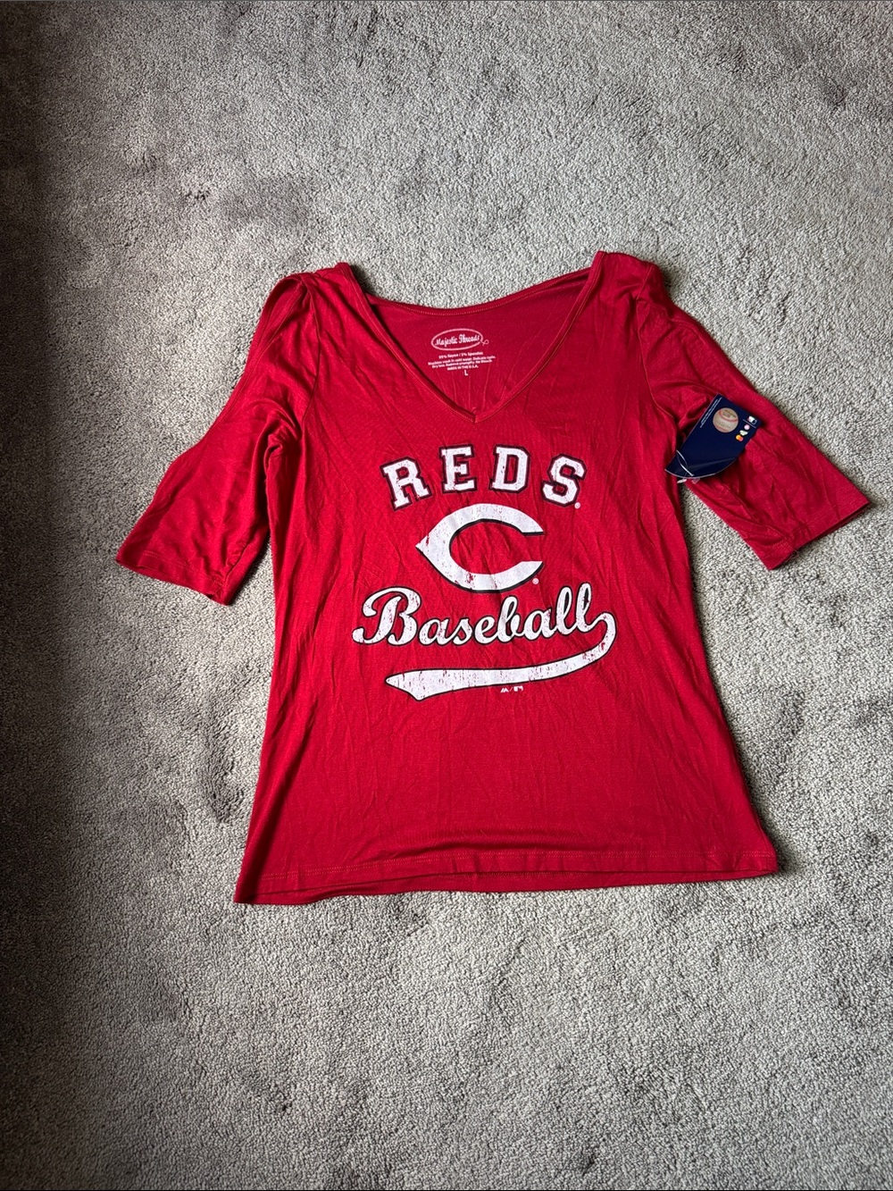 Majestic Threads Cincinnati Reds Baseball Red V Neck Cold Shoulder Top SIZE L